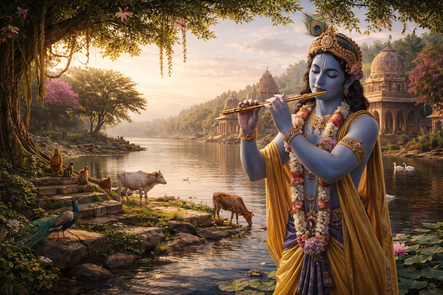 Lord Sri Krishna playing His flute in Vrindavan